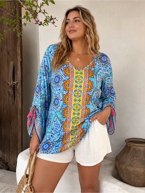 Belle Kim Gravel Blue Paisley Tunic Top 1X Flowy Tassel Sleeve
